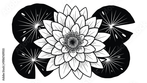Beautiful detailed lotus flower with large leaves design