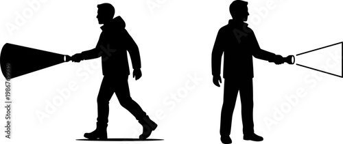 Black silhouette illustrations of two men holding flashlights and searching in the dark area