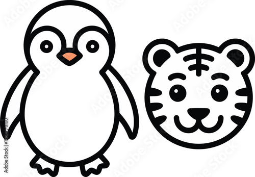 Cartoon penguin and tiger face illustrations