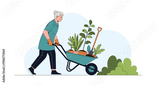 Active senior woman in gardening gloves pushes a blue wheelbarrow filled with various potted plants and garden tools outdoors.