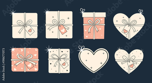 Collection of elegant gift boxes and heart shaped containers decorated with bows, tags, and tiny heart patterns on a dark backdrop.