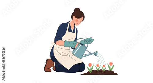 Focused woman gardener kneels on the ground to water a row of freshly planted tulip flowers with a blue metal watering can.