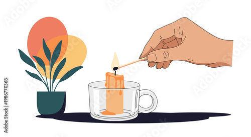 Human hand uses a lit match to ignite the wick of a single orange candle placed inside a transparent glass cup near a plant.