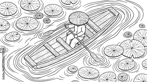 A person rows a boat through a sea of limes in a black and white illustration with a parasol on their head.