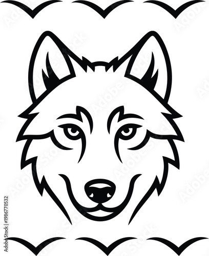black and white wolf head illustration with decorative border