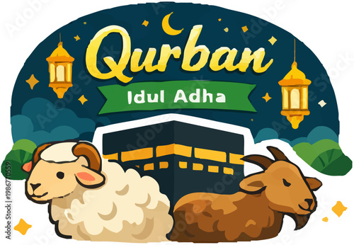 Qurban Eid al-Adha Greeting Card with Kaaba and Sheep Illustration
