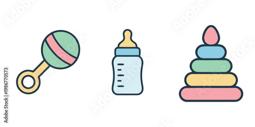 Flat vector illustration of colorful rattle, milk bottle, and pastel stacking rings.