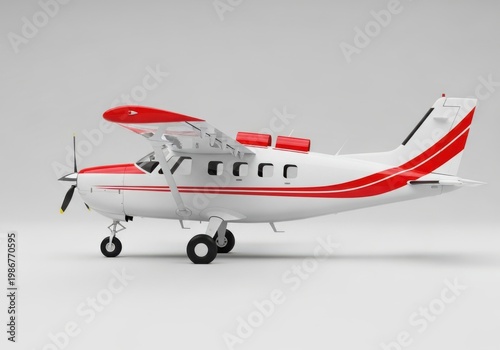 A small white and red airplane on a gray background