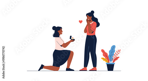 Romantic marriage proposal scene shows one woman kneeling down with a ring box to surprise her partner in a minimalist style.