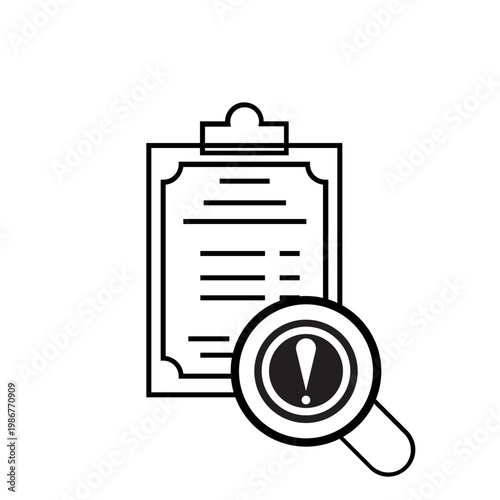 Magnifying glass examines document closely on clipboard
