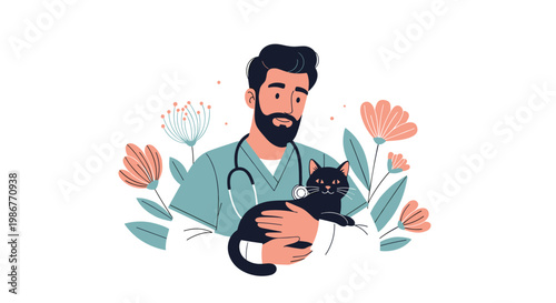 Kind male veterinarian with a beard holds a cute black cat in his arms surrounded by beautiful floral illustrations and leaves.