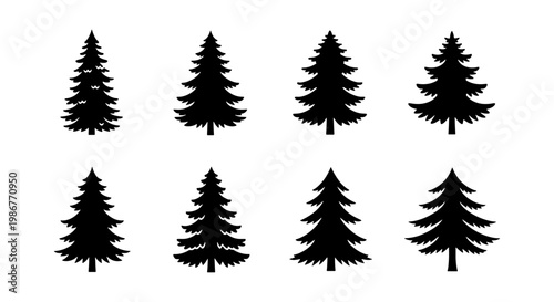 Black pine tree silhouettes, set of 8 evergreen conifer icons, minimalist forest fir and spruce vector elements for winter holiday design
