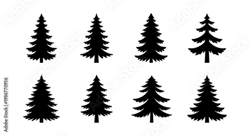 Minimalist pine tree silhouettes, collection of 8 evergreen conifer icons, black spruce and fir tree vector shapes for winter holiday design