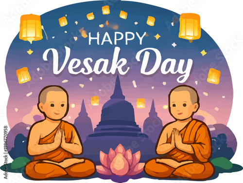 Happy Vesak Day Celebration Banner with Lanterns and Monks
