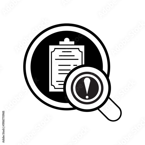 Magnifying glass examines document closely on a clipboard