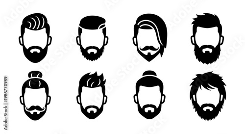 Barbershop men hairstyle icons set, male beard and mustache silhouettes, collection of 8 masculine hair style vector avatars for grooming salon branding