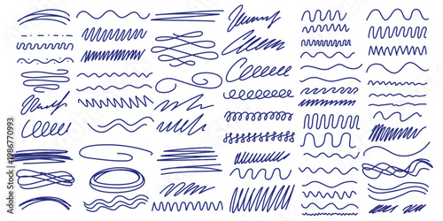 Lines, straight lines, waves, zigzags and strokes, hand drawn blue ink set. Highlighter, underline, border, divider, doodle style. Elements for diary, notes and drafts vector graphics