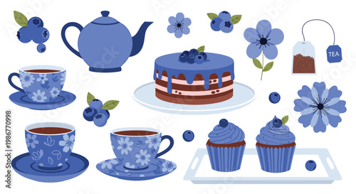 Delicious blueberry themed dessert set includes a layered cake, fancy cupcakes, and floral patterned tea cups with a teapot.
