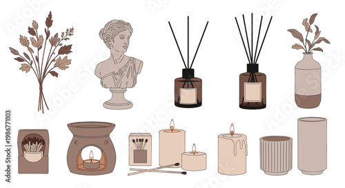 Aesthetic collection of home fragrance products including scented candles, reed diffusers, and matches in warm brown tones.