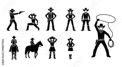 Wild West cowboy silhouettes set, 10 western character icons including horse riders and gunslingers, black vector figures on white background