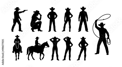 Wild West cowboy silhouettes set, 11 western character vector elements, black cowgirl and horse rider figures, isolated outlaw and sheriff shapes