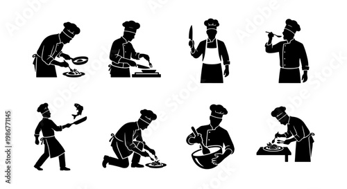 Professional chef silhouette collection, set of 8 restaurant cook icons, culinary experts preparing food and tasting dishes, black vector graphics