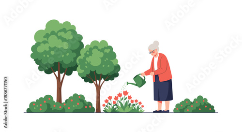 Senior woman in a red cardigan and glasses uses a green watering can to tend to red tulips in a lush garden with green trees.