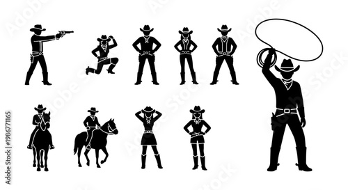 Vintage cowboy silhouette set, 10 wild west character icons, western outlaw and cowgirl vector graphics, black rancher figures with lasso and horse