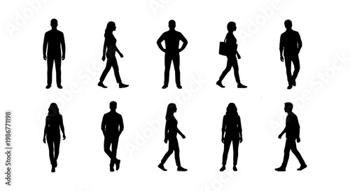 Black people silhouettes set, diverse men and women walking and standing figures, 10 human body vector icons isolated on white background