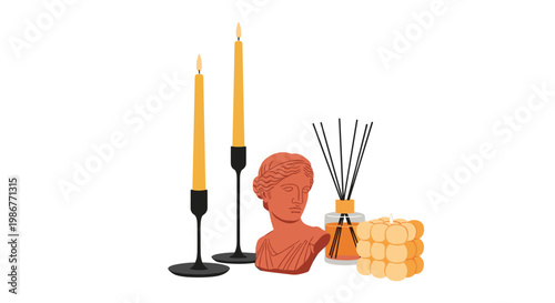 Elegant home decor arrangement features two tall yellow candles, a terracotta bust statue, and a stylish reed fragrance diffuser.