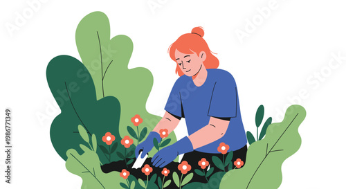 Young woman gardener with orange hair and blue shirt works in the soil to plant beautiful orange flowers in a green garden bed.