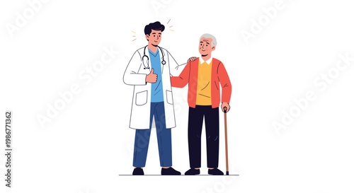 Professional young doctor in a white coat gives a thumbs up while standing supportively next to an elderly man with a cane.