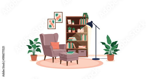 Cozy interior design of a living room featuring a purple armchair, bookshelf with books and plants, and a floor lamp on a rug.