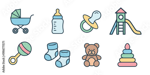 Flat vector icon set of baby and kids items