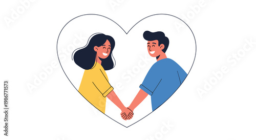 Romantic illustration of a young couple holding hands inside a large heart shape to express their love and happiness together.