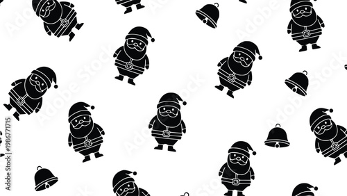 Black and white Christmas pattern featuring cartoon Santa Clauses and bells on a white background for holiday designs