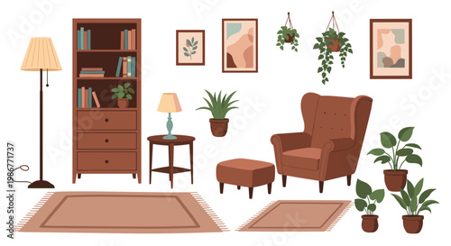 Collection of flat interior design elements including a brown armchair, bookshelf, floor lamp, rugs, and various potted houseplants.