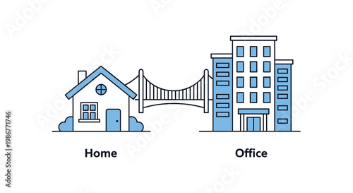 Stylized suspension bridge links a cozy residential house on the left to a tall multi-story office building on the right side in a clean vector design.