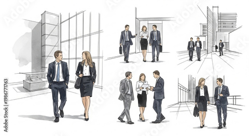 Minimal Sketch Business People Walking Talking for Interior and Exterior Architecture Visualization Renders