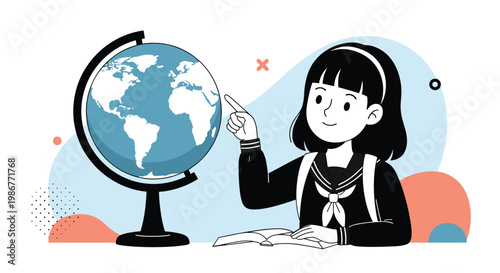 Young school girl in uniform pointing at a globe during geography class with a creative background of abstract shapes and dots.