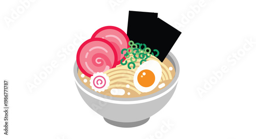 Japanese Ramen Noodle Soup Illustration with Traditional Toppings and Broth