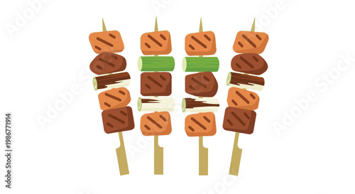 Set of Four Japanese Yakitori Skewers Vector Illustration with Grilled Meat and Leeks Isolated on White Background