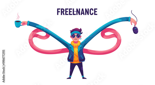A creative freelancer with incredibly long elastic arms simultaneously reaches for a steaming coffee cup and a computer mouse in a whimsical illustration.