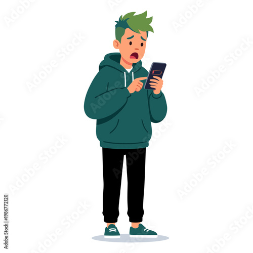 A young man looks shocked while checking his phone indoors.