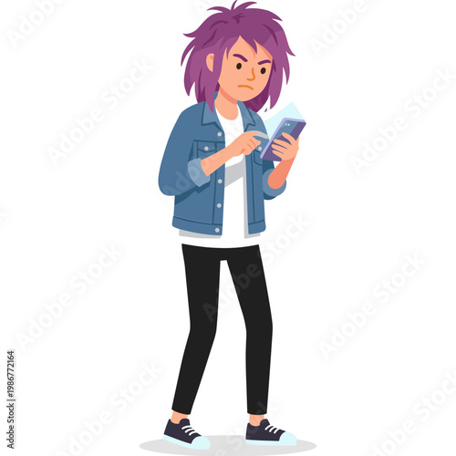 A woman with purple hair standing and looking at her phone with concern