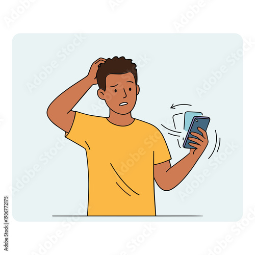 A frustrated man scratches his head while looking at a spinning smartphone.