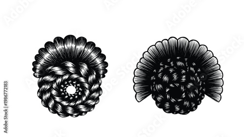 Black and white illustrations of two intricately designed hair buns with braids and twisted rope-like patterns on a white background