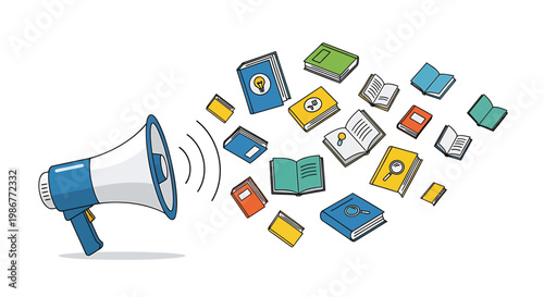 Megaphone announces documents and files in a colorful flat illustration style