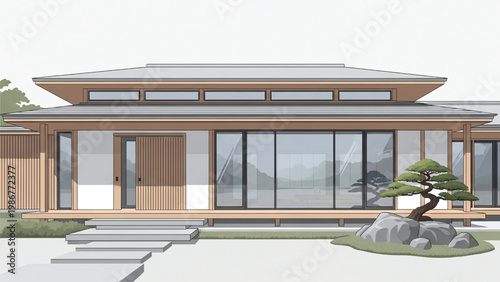 Modern house with large windows and wooden accents featuring a bonsai tree in the front yard on a white background.
