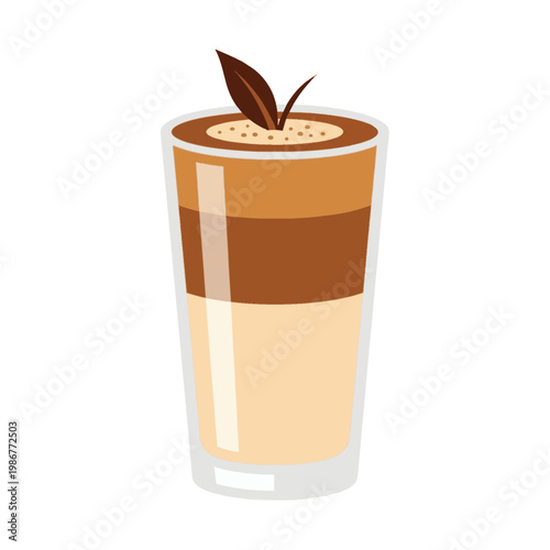 Layered Coffee Drink Illustration in a Tall Glass, Vector Icon Isolated on White Background